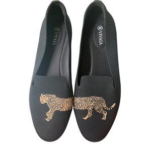 Vivaia Audrey Black Round Toe Cheetah Embroidered Knit Loafers EU Size 41.5 11